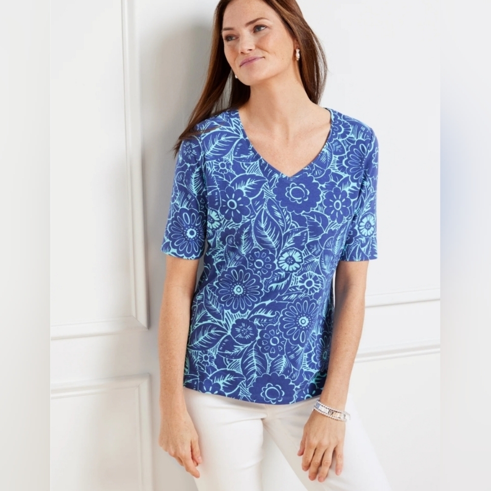 Talbots Blue Floral Short Sleeve Tee Large (7925)